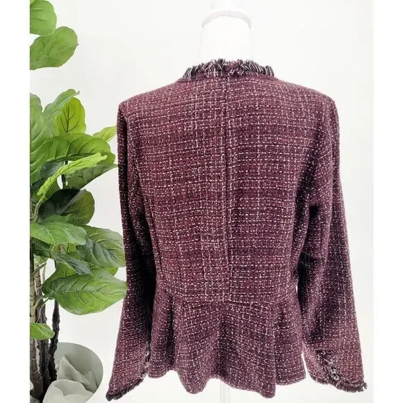 White House Black Market Womens Sz 10 Burgundy Tweed Fringe Blazer Heritage Chic - Picture 5 of 11